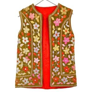 Hand Embroidered Vintage Floral Tan Brown Velvety Sleeveless Vest sz N/A